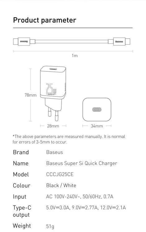Мережевий зарядний пристрій Baseus Super Si Quick Charger (25W) + кабель Type-C to Type-C (3A, 1m) TZCCSUP-L — Black: фото 21 з 22