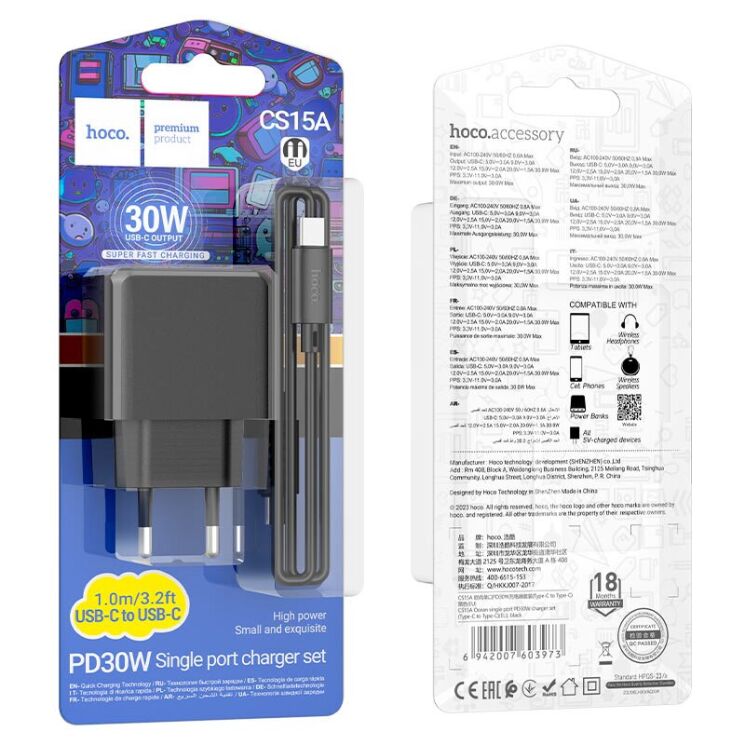 Мережевий зарядний пристрій Hoco CS15A (30W) + кабель Type-C to Type-C - Black: фото 7 з 9