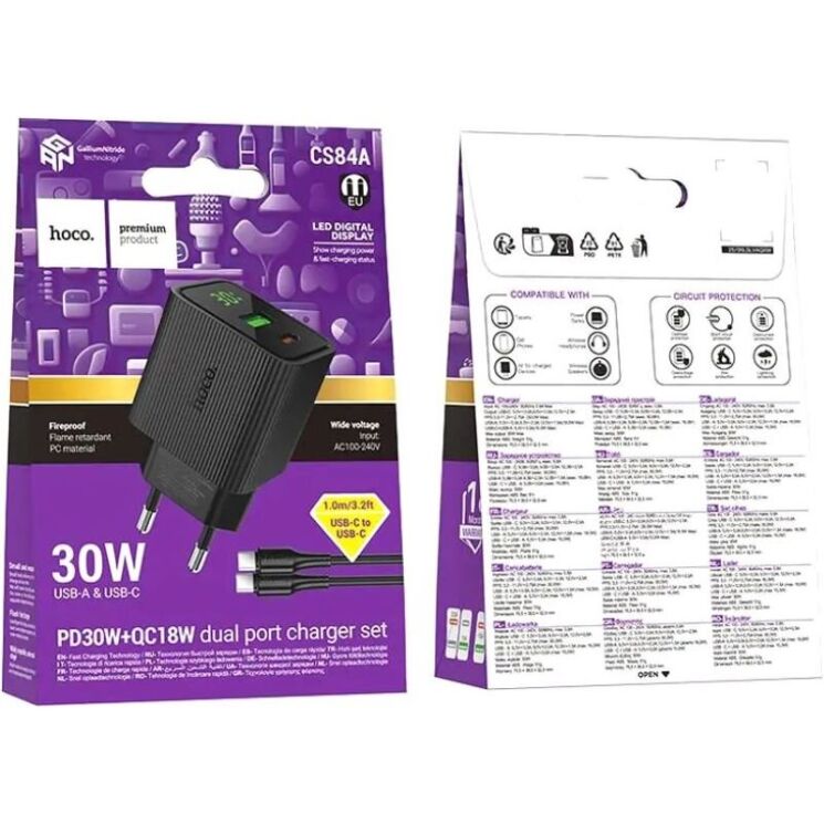 Мережевий зарядний пристрій Hoco CS84A PD30W + QC3.0 + кабель Type-C to Type-C - Black: фото 7 з 9