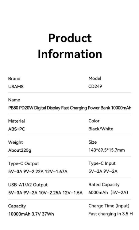 Внешний аккумулятор Usams CD249 PD20W (10000mAh) - White: фото 14 из 15