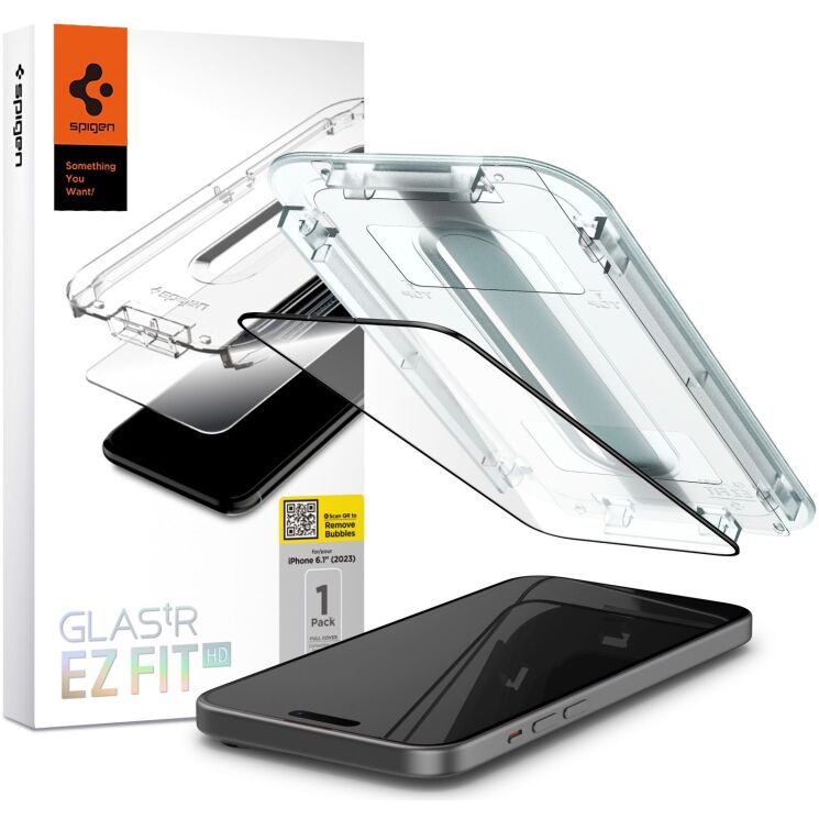 Захисне скло Spigen (SGP) Screen Protector GLAS.tR EZ Fit Black для Apple iPhone 15 (AGL06908) - Black: фото 1 з 11