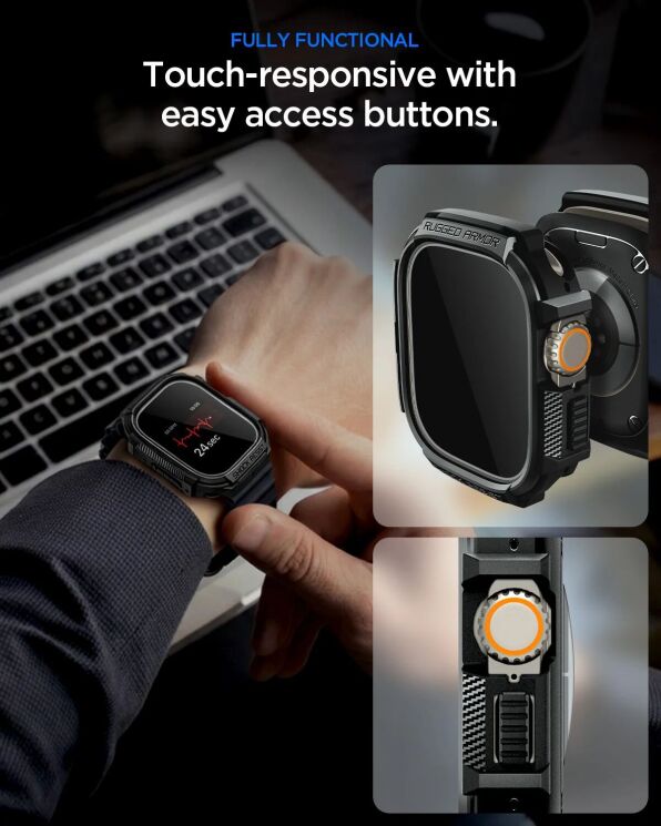 Захисний комплект Spigen Rugged Armor + Tempered Glass для Apple Watch Ultra / Ultra 2 / Ultra 3 (49mm) ACS11414 - Matte Black: фото 8 з 10
