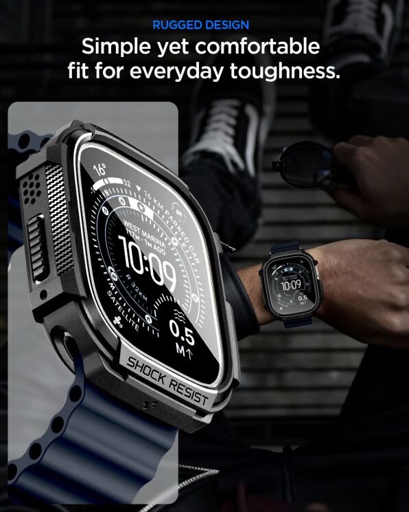 Захисний комплект Spigen Rugged Armor + Tempered Glass для Apple Watch Ultra / Ultra 2 / Ultra 3 (49mm) ACS11414 - Matte Black: фото 6 з 10