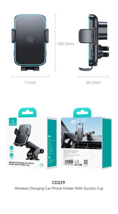 Автомобільний тримач з бездротовою зарядкою Usams CD229 15W Wireless Charging - Black: фото 16 з 16