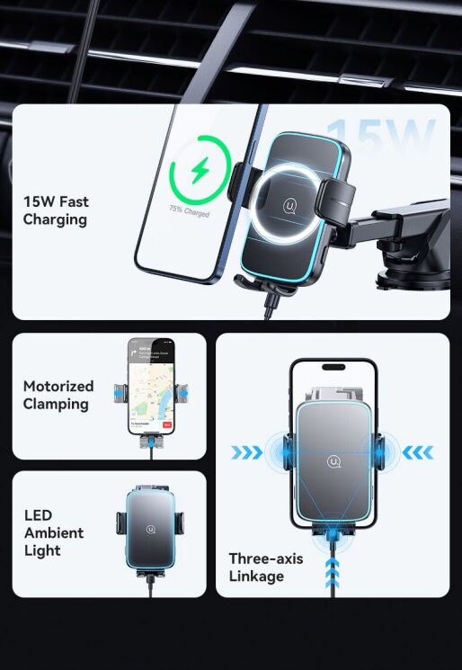 Автомобільний тримач з бездротовою зарядкою Usams CD229 15W Wireless Charging - Black: фото 4 з 16