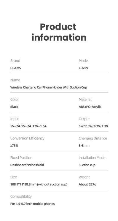 Автомобільний тримач з бездротовою зарядкою Usams CD229 15W Wireless Charging - Black: фото 15 з 16