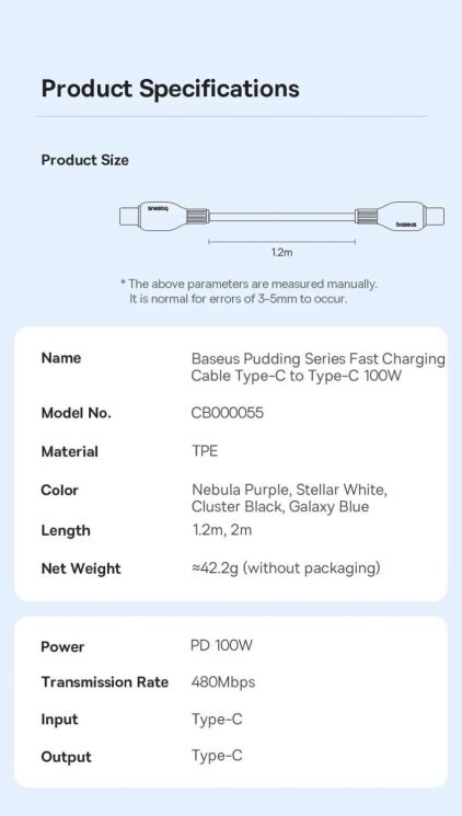 Кабель Baseus Pudding Series Type-C to Type-C (100W, 1.2m) P10355702111-00 - Black: фото 24 з 26