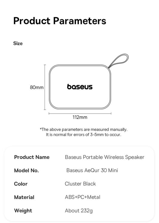Портативная акустика Baseus OS AeQur 30 Mini (A20077900123-00) - Cosmic Black: фото 20 из 23