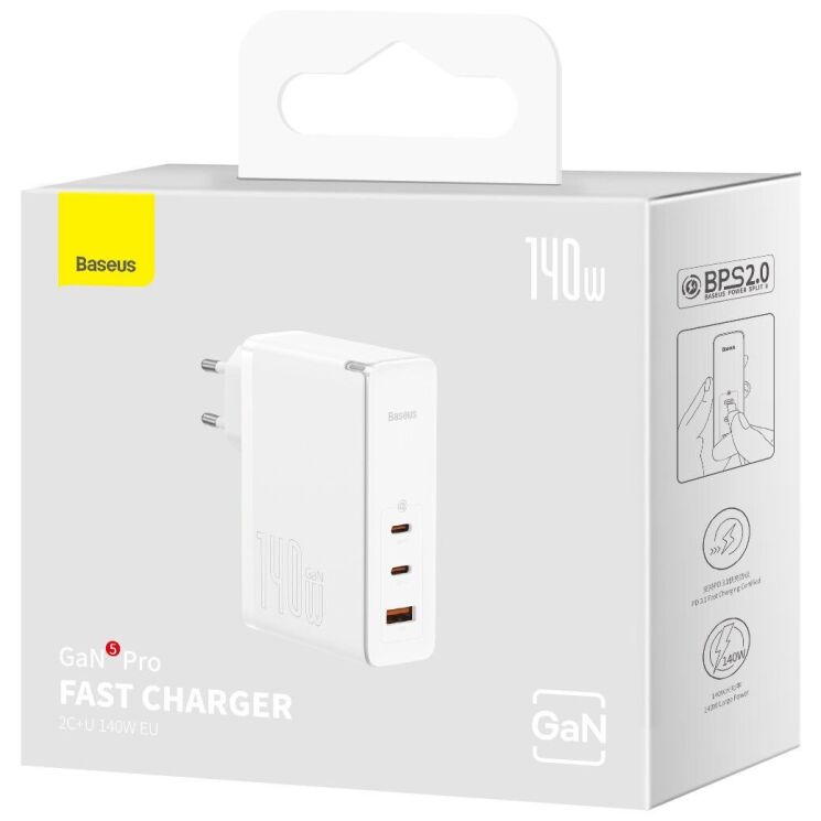 Сетевое зарядное устройство Baseus GaN5 Pro Fast Charger 2C+U (140W) + кабель Type-C to Type-C (240W, 1m) CCGP100202 - White: фото 8 из 35