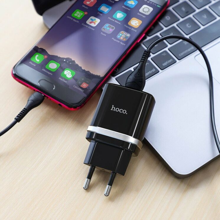 Мережевий зарядний пристрій Hoco C12Q Smart QC3.0 (3A) + кабель MicroUSB - Black: фото 5 з 10