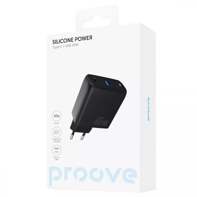 Сетевое зарядное устройство Proove Silicone PoWer 45W (Type-C + USB) - Black: фото 5 из 6