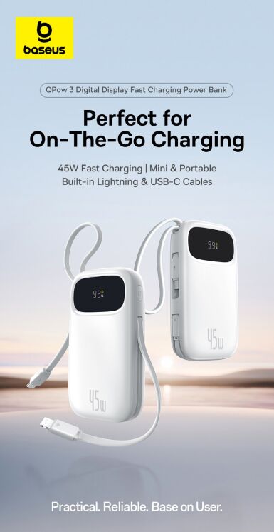Внешний аккумулятор Baseus QPow 3 45W (10000mAh) + кабель Type-C + Lightning (E0028C01) - White (995795W) Внешний аккумулятор Baseus QPow 3 45W (10000mAh) + кабель Type-C + Lightning (E0028C01) - White: фото 3 из 12