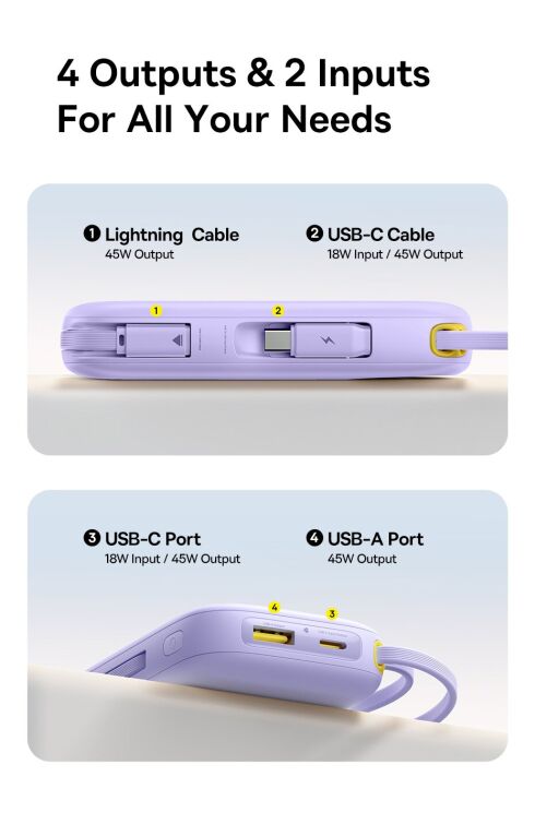 Внешний аккумулятор Baseus QPow 3 45W (10000mAh) + кабель Type-C + Lightning (E0028C01) - White (995795W) Внешний аккумулятор Baseus QPow 3 45W (10000mAh) + кабель Type-C + Lightning (E0028C01) - White: фото 5 из 12